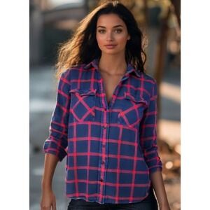 J Crew Flannel Top Size Small 4 Plaid Collar Long Sleeve Relaxed Blue Red EUC